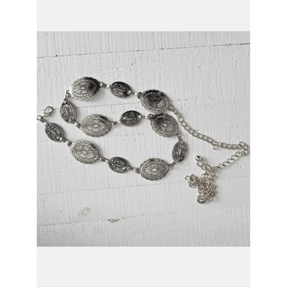 Silver Concho Chain Boho waist Belt Chunky Adjustable Western Festival Medallion